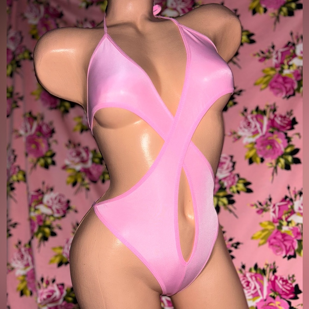 Pink rave bodysuit monokini bikini romper festival lingerie babydoll strappy B3
